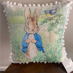 Peter Rabbit by Beatrix Potter Square Decorative Pillow adorable white pom trim